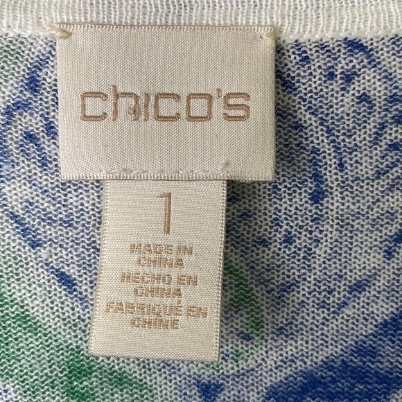 Chico's Cool Paisley Linen Cotton Open Front Cardigan Drape Flare 3/4 Sleeve - Picture 5 of 13